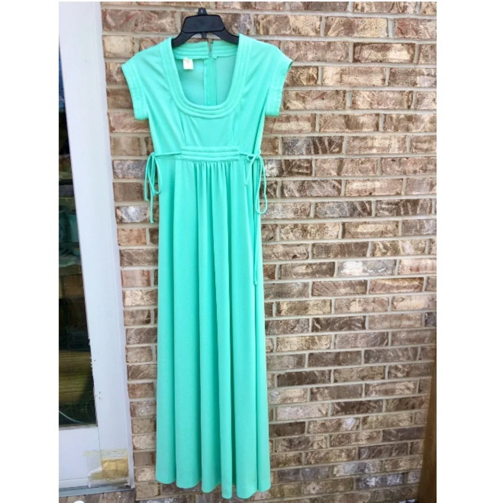 True 1970s Vintage Bridgerton Regency Cottagecore Mint Green Maxi Dress - Picture 3 of 12